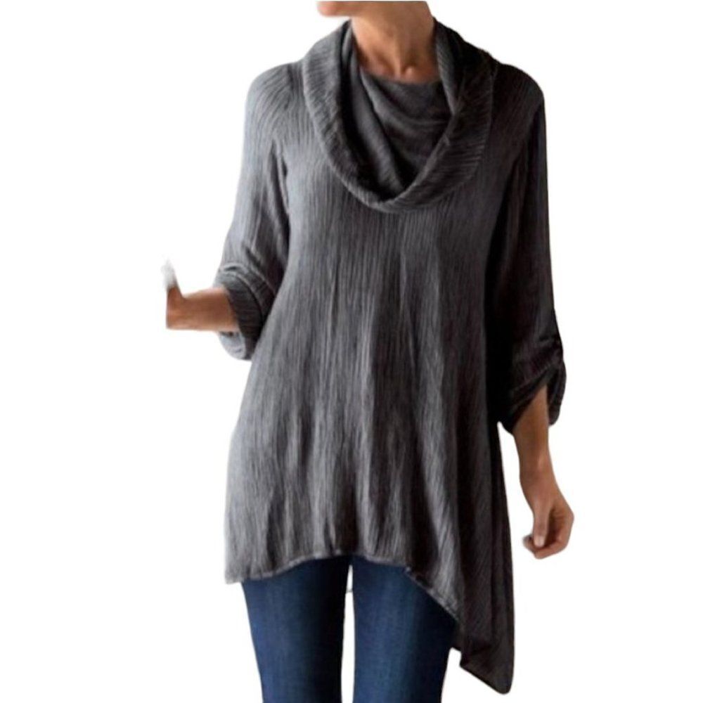 Soft Surroundings‎ Top Tunic Crinkle Gauze Cowl Asymmetrical Tab Sleeve Gray M